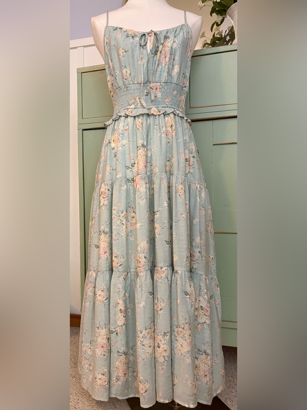 By the River Floral Smocked Tiered Midi Sundress w Vintage Cream & Pink Floral - Picture 4 of 16